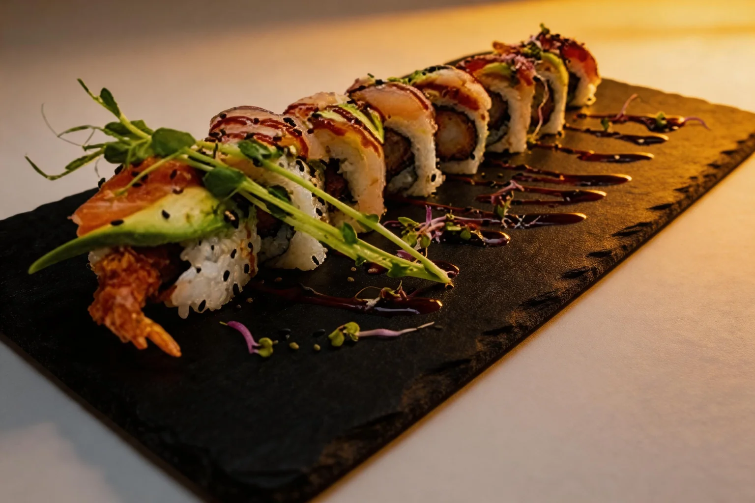 A multicoloured rainbow roll drizzled with eel sauce.