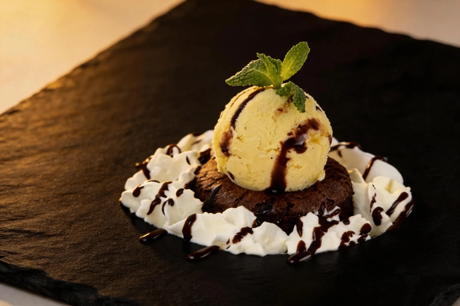 Chocolate fondant topped with a scoop of vanilla ice cream and a mint leaf, on a bed of whipped cream.