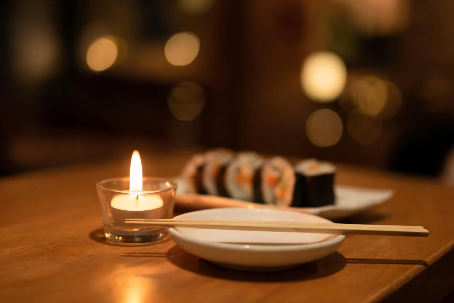 A table set for dinner, a lit candle, chopsticks and a plate of sushi.