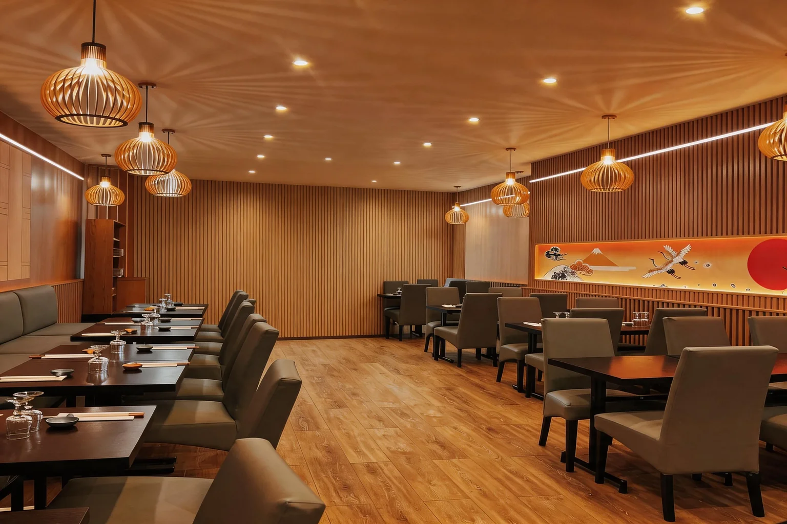 Dining room with dark wood tables, grey chairs and openwork wooden pendant lights.