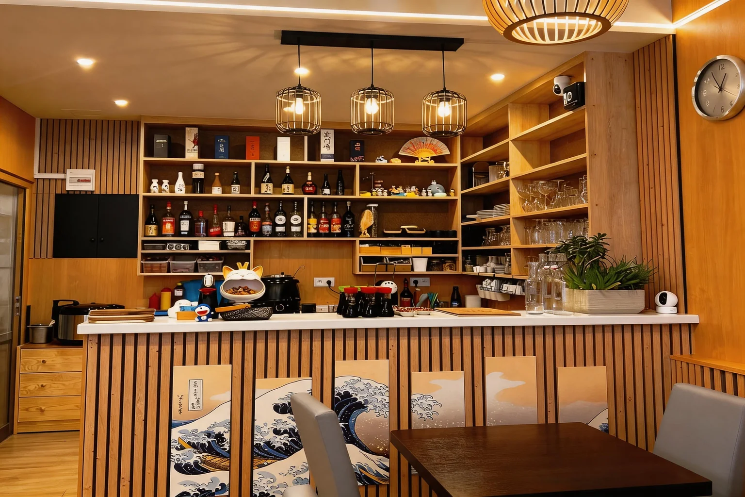 Wooden shelving with sake bottles, glasses and panels illustrating the Great Wave.