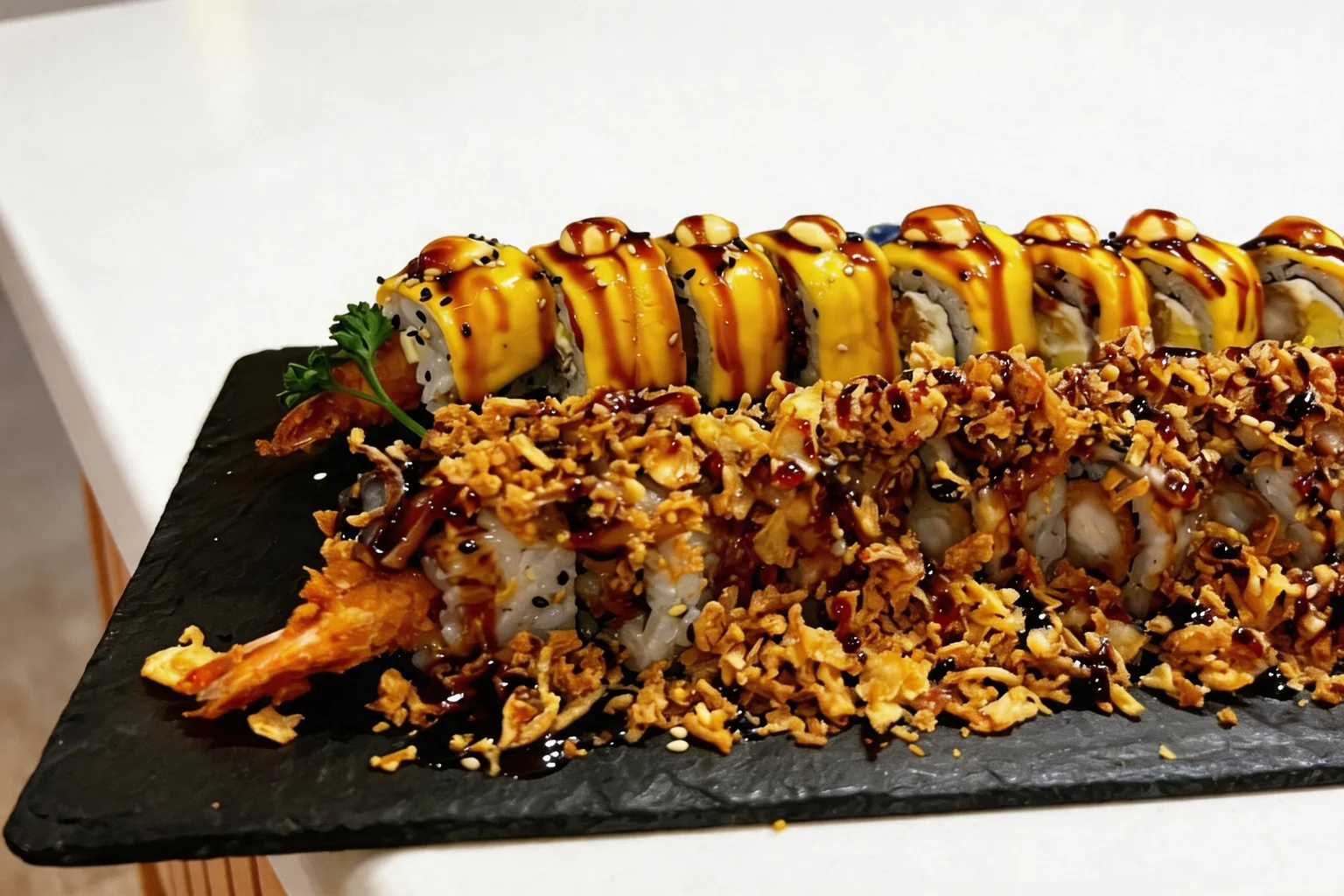 Sushi rolls drizzled with sauce, topped with crispy fried onions, on a black slate.